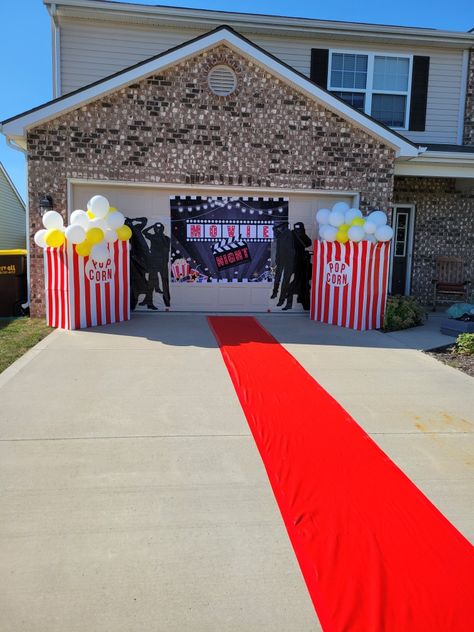 Made these giant popcorn boxes for Movie night props Movie Theater Party Ideas Diy, Movie Night In The Park Ideas, Movie Theme Birthday Party Costume, Outdoor Movie Theater Backyard Party, Popcorn Movie Birthday Party, Outside Movie Night Birthday Party Ideas, Backyard Movie Party Decorations, Movie Theatre Themed Birthday Party, Diy Backyard Movie Night Ideas