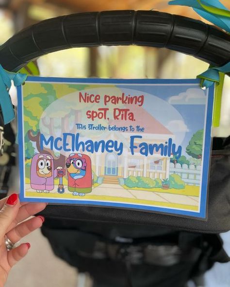 Main Street Mandy on Instagram: "Do you need a Bluey stroller sign in your life? DM me to order! Prices listed below: Stroller sign premade, personalized and ready to tie on your stroller: Sign + 2 colorful ribbon ties on each side: $12.99 Sign + 4 colorful ribbon ties on each side: $15.99 Shipping: $3.95 Personalized Digital Download: $5.00 I do ship internationally. You can message me for a shipping quote. #bluey #blueystrollersign #disney #disneyworld #disneywithtoddlers #disneywithkids #disneyland #strollertag #strollersign #disneytips #disneytipsandtricks #disneywithbaby #scootersign #wheelchairsign" Disney Stroller Sign Free Printable, Disney Stroller Tags Printable Free, Stroller Signs For Disney, Disney Stroller Sign, Stroller Name Tag For Disney, Disneyland Stroller Sign, Disney World Stroller Sign, Disney With Baby, Strollers At Disney World