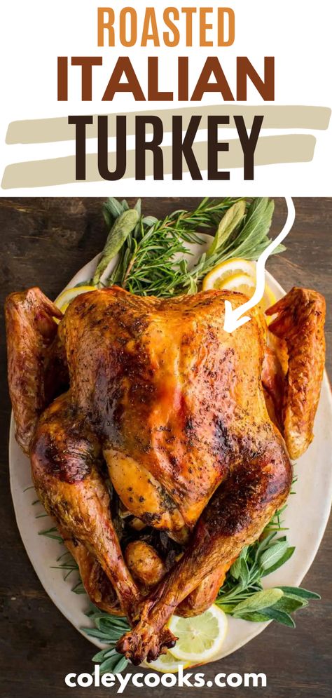 Roasted Italian Turkey is a mouth-watering twist on the traditional Thanksgiving bird. Bursting with flavors of fragrant Italian herbs and garlic, this turkey recipe is seasoned with salty butter, lemon zest, sage and rosemary. It tastes as good as it looks, and is guaranteed to be a memorable centerpiece for your Italian-style Thanksgiving feast! Juicy Turkey Recipe, Cooking The Perfect Turkey, Italian Thanksgiving, Butter Turkey, Christmas Turkey Recipes, Thanksgiving Favorites, Food Rocks, Recipe Menu, Herb Roasted Turkey