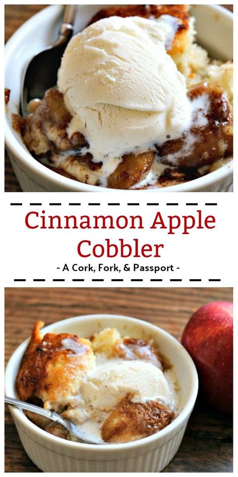 An easy and delicious homemade dessert with cinnamon and fresh apples baked in a cake-like batter, perfect for fall.  #fallrecipe #apples #dessert #cobbler Apple Cobbler For One, Rich’s Department Store Recipes, Cinnamon Apple Cobbler Recipe, Classic Desserts American, Thanks Giving Food Thanksgiving, New Thanksgiving Recipes Dessert, Desserts With Chili, Thanksgiving Dessert For Two, Apple Baked Goods Recipes