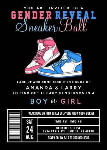 gender reveal invitations Gender Invitations, Gender Reveal Invitation Ideas, Gender Reveal Invites, Gender Reveal Baby Shower Themes, Gender Reveal Invitations Template, Sneaker Ball, Gender Reveal Themes, Gender Reveal Party Invitations, Blue Or Pink