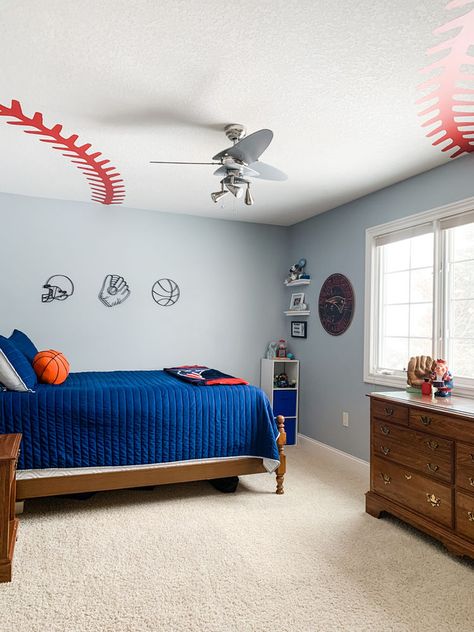 Kids Sports Bedroom, Blue Boys Room, Rope Lights Outdoor, Baseball Themed Bedroom, Sports Themed Bedroom, Basketball Decor, Sports Room Boys, Blue Boys Bedroom, Boys Room Blue