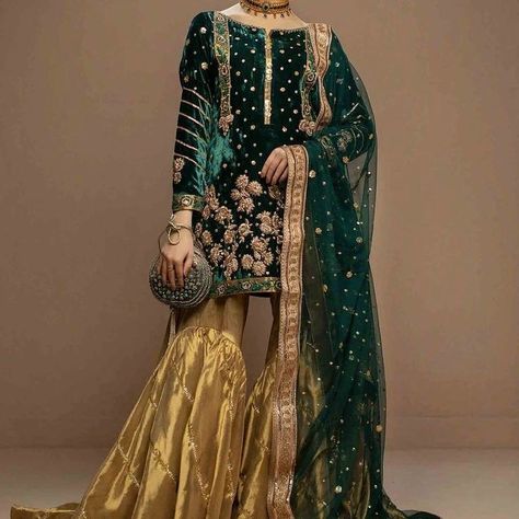 Change your style in this Wedding Season. Gharara suit. Pure Micro velvet shirt with Hand made Embroidery. Banarasi silk Gharara with embroidery lines. Net Dupatta with border work. Customized sizes. To order this inbox us or WhatsApp (+923118372484). Whatsapp link: https://wa.me/923118372484 Visit Our Website: https://fab-outfits.com/ Worldwide delivery Available. Velvet Gharara, Silk Gharara, Green Velvet Shirt, Gharara Suits, Gota Work, Pakistani Bridal Dresses, Velvet Shirt, Zari Work, Net Dupatta