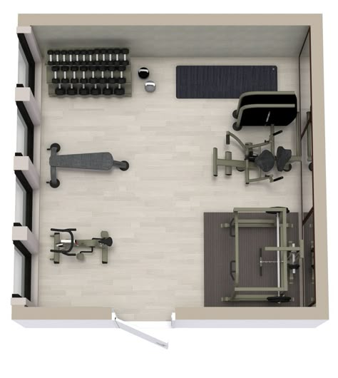 Small Gym Studio Design, Small Gym Floor Plan, Small Gym Layout, Small Gym Design, Home Gym Ideas Small Workout Rooms, Personal Training Studio Design, Gym Ideas Home, Small Gym Room, Gym Decorating Ideas