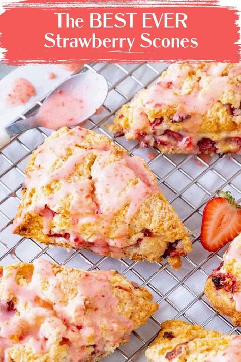 A fabulous tender strawberry scone recipe that bakes to a golden brown and has the most eye-catching pink drizzle of strawberry glaze. You can make them ahead, cut, and keep them frozen until ready to be baked. I give you all my tips and tricks for making the best homemade scones! Strawberry Lemon Scones, Rhubarb Scones, Berry Pancakes, Strawberry Scones, Fresh Strawberry Recipes, Cranberry Orange Scones, Chocolate Scones, Scones Recipe Easy, Orange Scones