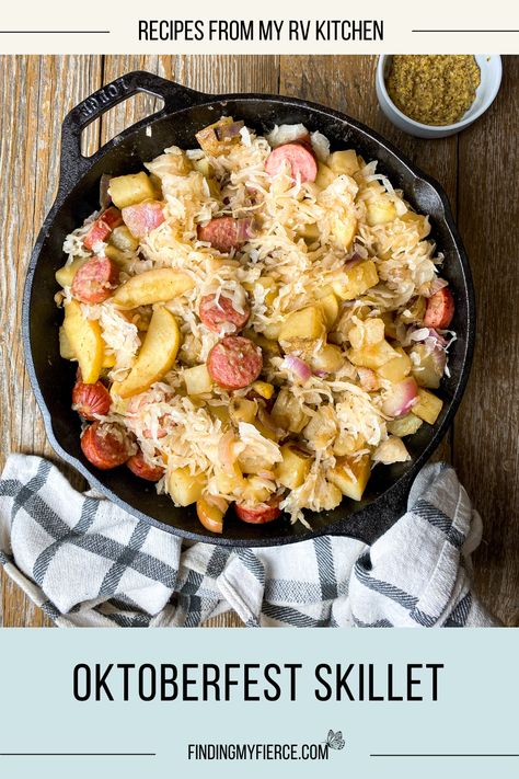 Oktoberfest Skillet — Finding My Fierce Sausage Apple Sauerkraut, Sauerkraut Apples And Sausage, Dinner Ideas With Sauerkraut, German Sausage And Sauerkraut, What To Do With Sauerkraut, Sausage Sauerkraut Potatoes, Sausage And Sauerkraut, Autumn Cooking, Sausage Sauerkraut