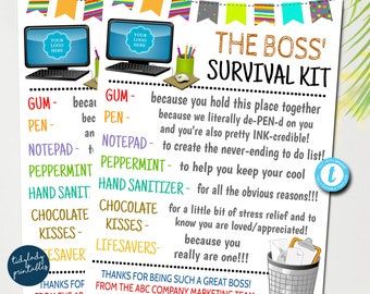 Boss Survival Kit Printable Boss Gift Tag Gift for Manager Gift Tags for Goody Bags Boss Appreciation Instant Download - Etsy Work Survival Kit Ideas, Boss Survival Kit, Practice Manager, Survival Kit Gifts, Boss Gifts, Gifts For Your Boss, Editable Gift Tags, Survival Kits, Boss Gift