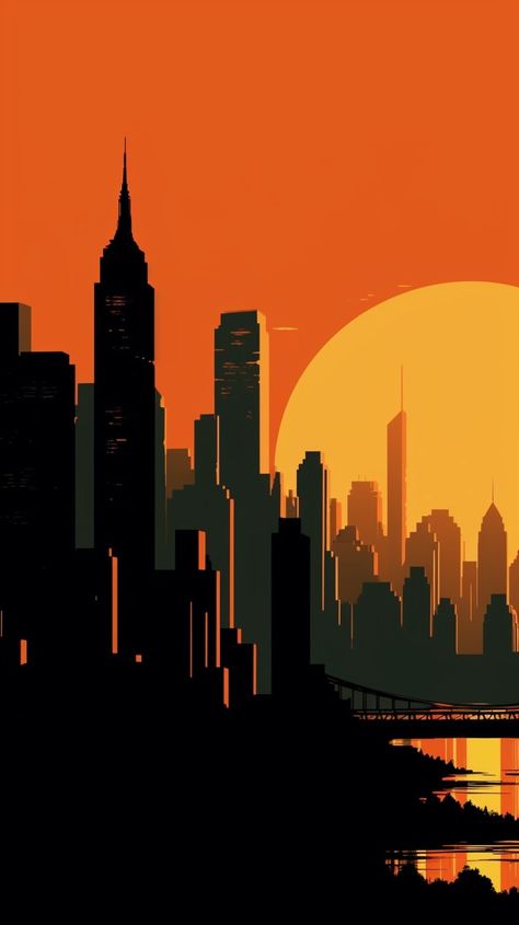 Minimalist phone wallpaper showcasing a striking orange background and a contrasting New York City skyline, tailored for Android and iPhone devices with a lively, contemporary appeal. City Background Digital Art, City Silhouette Illustration, Cityscape Illustration Vector, Iphone Hd Wallpaper Backgrounds, Orange Aesthetic Painting, City Silhouette Art, City Background Illustration, Icon Wallpaper Iphone, Orange Wallpaper Iphone