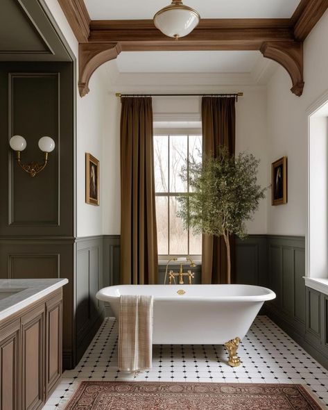 #clawfoottub #bathroomideas #homedecor #interiordesign #bathroomremodel #vintagebathroom #tubdesign #homeinspiration #renovationideas #decor 1940 Bathroom, English Country Bathroom, Clawfoot Tub Ideas, Bathroom Clawfoot Tub, Colonial Bathroom, Wood Panneling, Pantry Door Ideas, Best Bathroom Paint Colors, Clawfoot Tubs