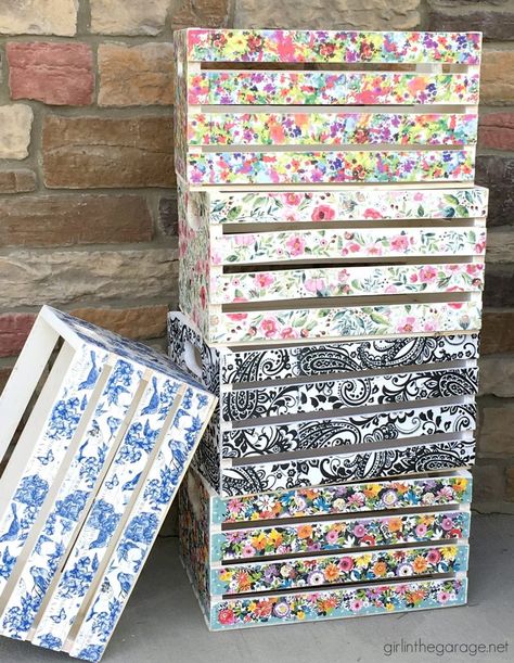 Decoupage Napkin Crates, Framed Cork Boards, and Drawer Shelves - Girl in the Garage® Crate Crafts, Decorative Paper Napkins, Mod Podge Crafts, Decoupage Wood, Framed Cork Board, Napkin Decoupage, Decoupage Diy, Decoupage Furniture, Wooden Craft