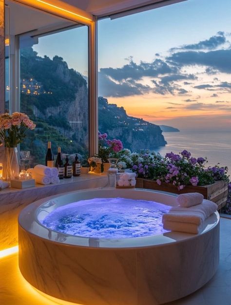 Funky Bathrooms, Dream Bathroom Luxury, Round Tub, Big Bathtub, Luxury Windows, Modern Bathtub, Caribbean Resort, Floral Bathroom, Dream Mansion