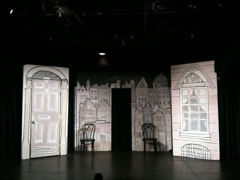 Richard Finkelstein, Window Backdrop, Theatre Decorations, Black White House, Theatre Backdrops, Improv Comedy, Stage Set Design, Set Design Theatre, Theatre Stage