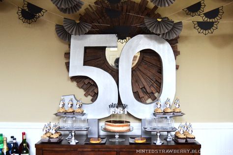 Stylish 50th birthday decorating idea with the big 5-0 front and center. See more 50th birthday party decorations and party ideas at www.one-stop-party-ideas.com Birthday Ideas For Him Husband, Birthday Party Decorating Ideas, 50th Birthday Party Diy, 50th Birthday Celebration Ideas, 50th Birthday Table Decorations, Diy Numbers, Birthday Wall Decoration, 50th Birthday Party Ideas For Men, Party Decorating Ideas