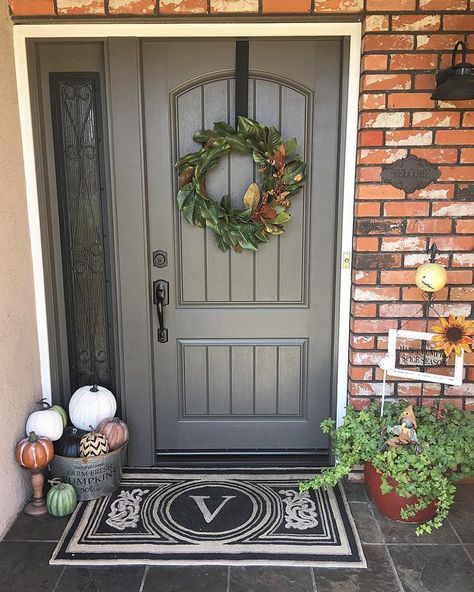 Urbane Bronze Front Door, Bronze Front Door, Sherwin Williams Urbane Bronze, Urbane Bronze Sherwin Williams, Red House Exterior, Entry Door Colors, Urbane Bronze, Double Front Entry Doors, Fall Front Porch Ideas