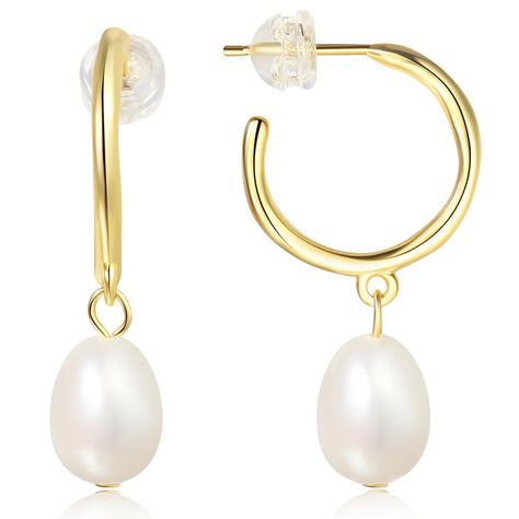 PRICES MAY VARY. Stylish and Timeless: Our pearl drop earrings combine the elegance of fresh water pearls with the everlasting charm of gold hoops. The classic design offers a perfect blend of sophistication and contemporary fashion. Sturdy and Well-Crafted: With a thickness of 2mm and an inner diameter of 10mm, our gold dangle earrings for women are designed to be durable and long-lasting. The 8.3x9.7mm fresh water pearl adds a touch of grace and beauty. Hypoallergenic and Skin-Friendly: We pri Gold Earrings With Pearls, Cute Dangling Earrings, Pearl Dangle Earrings, Pearl Wedding Earrings, Simple Pearl Earrings, Teardrop Pearl Earrings, 14k Gold Hoop Earrings, Pearl Earrings Wedding, Pearl Earrings Dangle