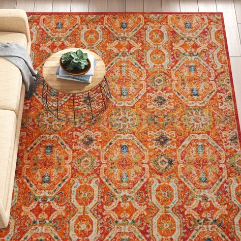 Mistana™ Draughn Power Loom Performance Red/Orange Rug & Reviews | Wayfair Bright Living Room Area Rug, Orange And Green Rugs, Orange Area Rug Living Room, Burnt Orange Rug Bedroom, Green Orange Rug, Orange And Green Rug, Colorful Area Rugs In Living Room, Colorful Rugs In Living Room, Mcm Rug