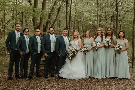 Sage Green Dresses With Groomsmen, Dusty Blue And Sage Green Wedding Suits, Navy And Sage Suit Wedding, Dusty Blue And Sage Green Wedding Party, Dark Green Groom Suit Bridesmaid Dresses, Sage Green Groom Suit, Sage Green Wedding Groomsmen, Sage Green Groomsmen Attire, Dusty Blue Groomsmen