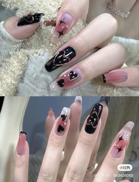 nails, nails inspo, nails inspiration ribbon bow pink charms nails pink nails inspiration heart nails black and pink nails black nails Dark Douyin Nails, Nail Art Blackpink, Korean Nail Art Black, Nail Art Designs Coffin, Cute Korean Nail Art, Artist Nails, Belle Nails, Nails Korean, Classy Nail Art Ideas