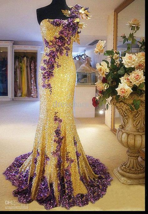 gold and purple gown Purple And Gold Wedding Dress, Purple And Yellow Dress, Neon Prom Dress, Neon Prom Dresses, Gold Prom Dress, Yellow Wedding Dress, Purple And Gold Wedding, Ballroom Dance Dress, Sparkly Prom Dress