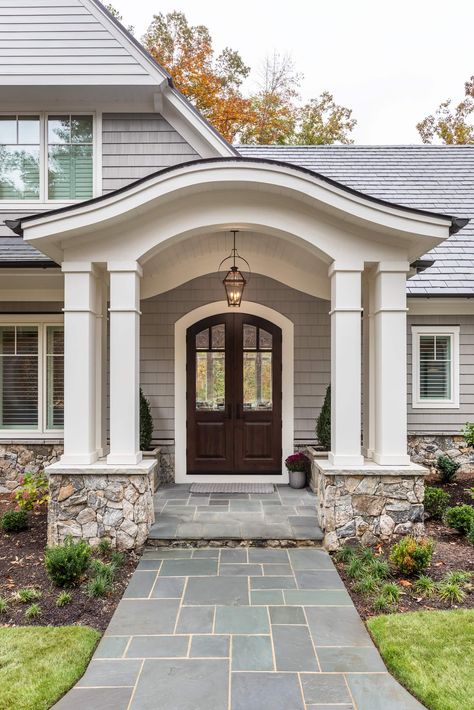 The Reserve at Lake Keowee VIII | Ridgeline Construction Group Curved Wall House Exterior, House Portico Design, Curved Front Door Entrance, Arched Entryway Exterior, Arched Portico Front Entry, Arched Stone Entryway Exterior, Latest Gate Design, Portico Entry, Exterior Entrance Doors