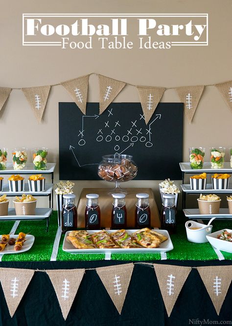 Game Time! Football Party Food Table Ideas Food Table Ideas, Party Food Table Ideas, Football Themed Party, Food Table Decorations, Party Food Table, Sandwich Vegetarian, Superbowl Party Decorations, Football Watch Party, Brunch Party Decorations