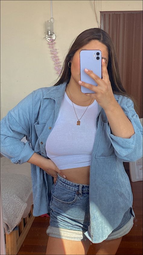 Jean shorts, white crop top, blue oversized shirt Blue Denim Shorts Outfit, Blue Oversized Shirt, Blue Shorts Outfit, White Top And Blue Jeans, Denim Shorts Outfit Summer, Jean Shorts White, White Sleeveless Shirt, Crop Top Aesthetic, Jean Short Outfits