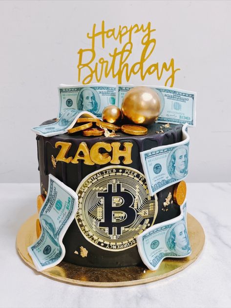 Bitcoin x Cash in Gold Themed Cake Bitcoin Cake For Men, Bitcoin Cake Design, Cash Cake, Bitcoin Business, Bitcoin Logo, Baby Christmas Photos, Bitcoin Wallet, Edible Printing, 50th Birthday Cake