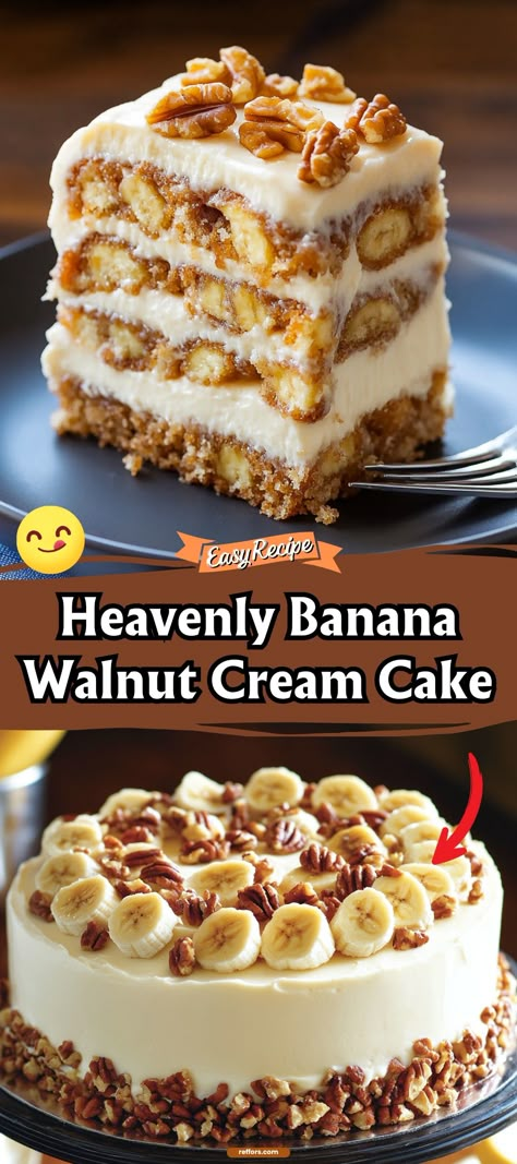 Delight in the divine layers of this Heavenly Banana Walnut Cream Cake, where ripe bananas meet crunchy walnuts and a velvety cream frosting. It's a comforting, elegant dessert that turns any meal into a special occasion. #BananaWalnutCake #CreamCake #ElegantDessert Banana Butterscotch Cake, Banana Walnut Cream Cake Recipe, Banana Cream Pie For A Crowd, Heavenly Banana Walnut Cream Cake Recipe, Banana Desserts With Ripe Bananas, Banana Cake With Cream Cheese Icing, Banana Walnut Cake Recipe Moist, Banana And Walnut Cake, Banana Nut Cake With Cream Cheese Icing