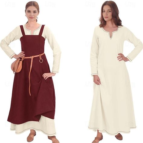 Women's Medieval Viking Apron Overdress with Laced Back Tunic Dress Set 2 PCS Outfits for LARP Ren Faire Renaissance Fair Party Carnival Halloween Dress Viking Clothing Women, Elven Woman, Sca Garb, Viking Clothing, Medieval Clothing, Dress 2024, Party Skirt, Vestidos Vintage, Fantasy Clothing