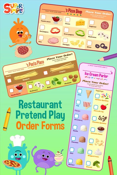 Pretend Play Restaurant Printables, Pretend Play Food Printables, Restaurant Pretend Play Free Printables, Play Pretend Ideas, Restaurant Kids Activities, Manifesting Creativity, Super Simple Crafts, Restaurant Pretend Play, Play Restaurant