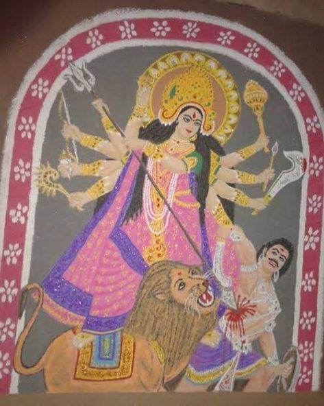 Durga Maa Rangoli, Durga Rangoli Designs, Navratri Special Photo, Dussehra Rangoli Designs, Navratri Rangoli Design, Vishnu And Shiva, Welcome Rangoli, Navratri Rangoli, Rangoli Designs For Competition