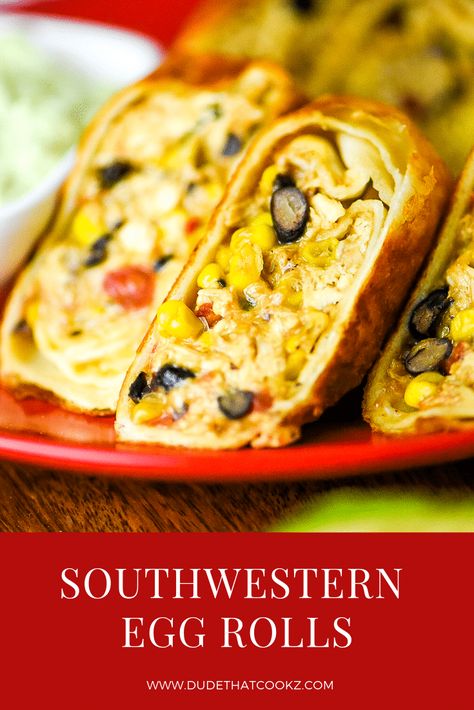 My Southwestern Egg Rolls, made with rotisserie chicken, are the perfect appetizer and will be a surefire hit for your next game night or gathering. #eggrolls #appetizers #appetizerrecipes #barbites #snacks #southwesterneggrolls #quicksnacks #apps #easyrecipes #chicken #rotisseriechicken via @dudethatcookz Southwestern Egg Rolls, Game Night Food, Spring Appetizers, Snack Dinner, Southwestern Chicken, Chicken Egg Rolls, Chicken Spring Rolls, Party Starters, Quick Snack