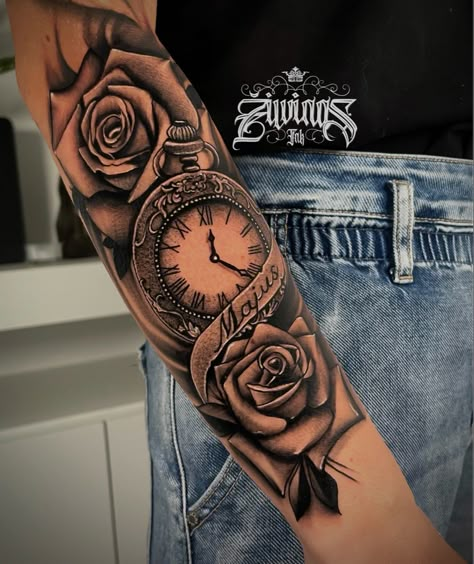 Forearm Tattoo Women For Son, Rose And Clock Tattoo, Clock And Rose Tattoo, Clock Tattoo Sleeve, Arm Tattoos Drawing, Baby Tattoo Designs, Half Sleeve Tattoos Forearm, Arm Sleeve Tattoos For Women, Clock Tattoo Design