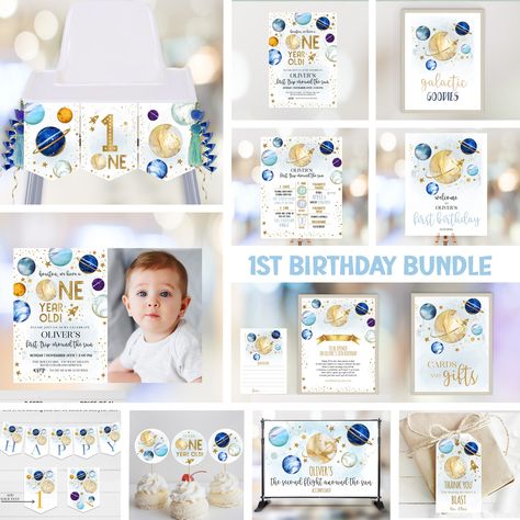 Galaxy First Birthday, Party Hat Template, Space Birthday Invitation, First Trip Around The Sun, Outer Space Birthday, Space Birthday Party, Birthday Party Invite, Favors Sign, Space Birthday