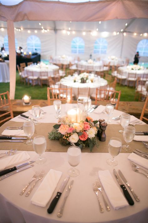 Peach and Pink Floral and Burlap Reception Decor | photography by http://www.taylorlordphotography.com/ Burlap Table Decorations, Burlap Wedding Table, Round Wedding Tables, Rustic Wedding Decorations, בר מצווה, Burlap Wedding, Wedding Table Decorations, Wedding Table Settings, On The Top