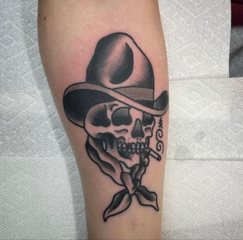 By richierichtattoo American Traditional Cowboy, Cowboy Skull Tattoo, Arm Tattoo Sleeve, Cowboy Hat Tattoo, Traditional Skull, Skull Cowboy, Tattoo Drawing Ideas, Cowboy Skull, Tattoo Sleeve Ideas