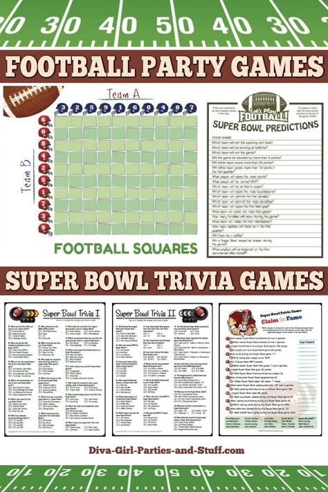 Super Bowl Party Games and Trivia Superbowl Party Activities, Games For Super Bowl Party, Fun Superbowl Games, Super Bowl Question Game, Superbowl Party Ideas Games, Free Superbowl Party Printables, Super Bowl Spirit Week Ideas, Superbowl Birthday Party Ideas, Superbowl Party Games For Adults