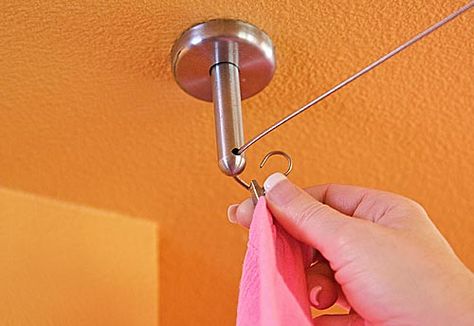 How to install wire curtain hanger Ikea Wire Curtain Rod, How To Hang Curtains From Ceiling, Curtains From Ceiling, Hang Curtains From Ceiling, Wire Curtain Rod, Curtains Without Rods, How To Hang Curtains, Traditional Curtain Rods, Curtain Wire