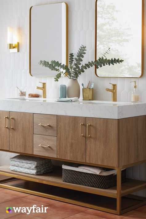 With a (preassembled!) double vanity, under-the-sink storage, and gold hardware, you can organize it all, revamp, and see your bathroom in a whole new light (for less). Mid Century Bathroom Vanity, Terrazzo Bathroom, Bespoke Bathroom, Mid Century Modern Bathroom, Mid Century Bathroom, Master Bath Remodel, Renovation Design, Bathroom Vanity Cabinets, Modern Bathroom Vanity