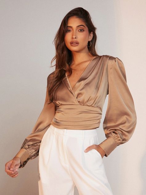 SHEIN Surplice Neck Lantern Sleeve Satin Top | SHEIN EUR Satin Tops Blouses Long Sleeve, Khaki Top Outfit, Satin Tops Blouses, Top Of Shoulder Tattoo, Satijnen Blouses, Satin Blouse Outfit, Nightout Outfit, Satin Tops, Satin Lehenga