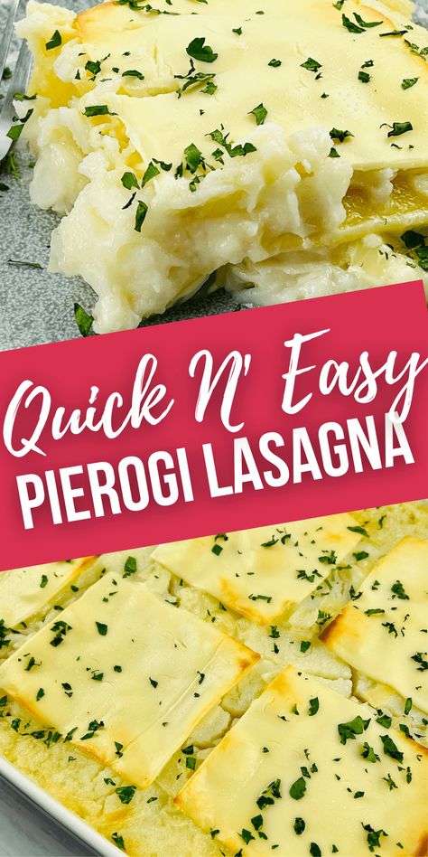 Mashed Potato Lasagna, Perogie Lasagna Recipes, Perogies Lasagna Recipe, Perogi Lasagna, Pierogi Pizza Recipe, Perogie Lasagna, Lazy Perogies, Pierogies Casserole, Pierogies Lasagna