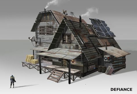 Defiance Concept Art by Danny Pak Fallout 4 Settlement Ideas, Apocalypse World, Post Apocalyptic Art, Shanty Town, New Television, Apocalypse Art, Bg Design, Concept Art World, Building Concept