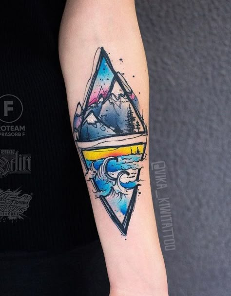 40 Landscape Tattoo Ideas | Art and Design Landscape Tattoo Ideas, Tattoo Abstract, Colorful Tattoo, Kunst Tattoos, Tattoo Old School, Triangle Tattoos, Landscape Tattoo, Theme Tattoo, Inspiration Tattoos