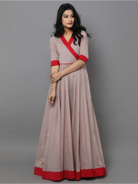 Beige Red Cotton Mul Anarkali Dress डिजाइनर कपड़े, Ikkat Dresses, Frock Designs, Long Frock Designs, Long Frock, Long Dress Design, Kurti Neck Designs, Indian Gowns, Saree Dress