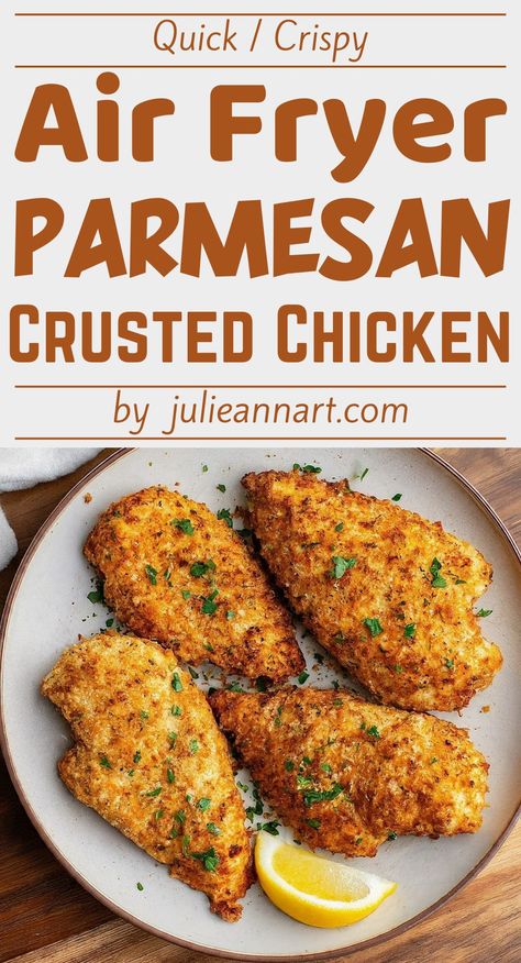 Air Fryer Parmesan Crusted Chicken (Quick & Crispy) Air Fry Chicken Parm, Kraft Parmesan Crusted Chicken, Chicken Parm Air Fryer, Parmesan Crusted Chicken Air Fryer, Chicken Parmesan Recipe Air Fryer, Easy Air Fryer Dinner Recipes, Air Fryer Parmesan Crusted Chicken, Air Fryer Chicken Parmesan, Air Fryer Recipes Chicken Breast