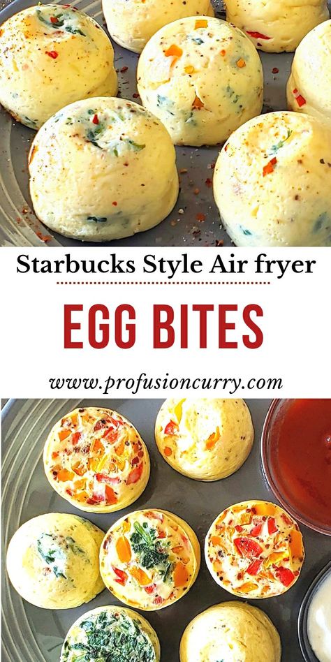 Vegetarian egg bites Breakfast Egg Bites, Air Fryer Recipes Eggs, Starbucks Egg Bites Recipe, Air Fryer Recipes Breakfast, Starbucks Egg Bites, High Protein Snack, Egg Bites Recipe, Protein Snack, Air Fry Recipes