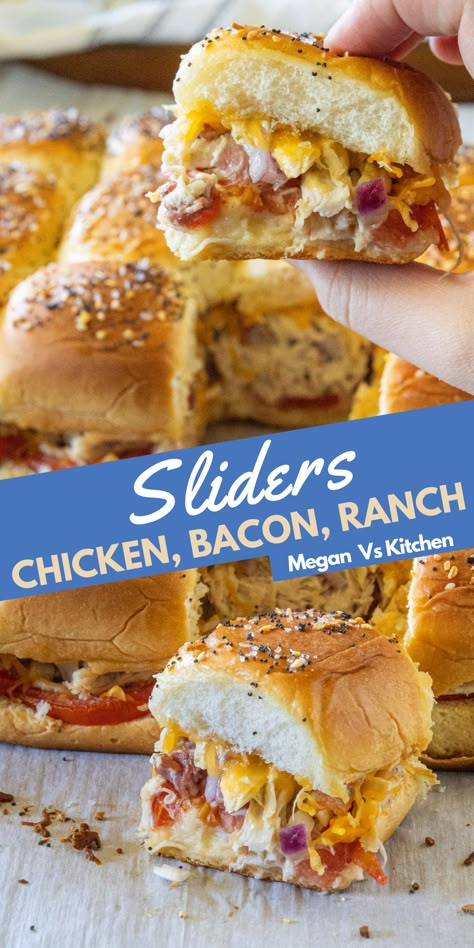 These Chicken Bacon Ranch Sliders have pulled rotisserie chicken, cheddar cheese, bacon, tomatoes, ranch seasoning and tomatoes smushed in between a slider! These pull apart sliders are an easy app to bring to parties or to make when you want to have a fun dinner. They are even better the next day! Chicken Bacon Ranch Sliders, Bacon Ranch Sliders, Ranch Sliders, Sliders Recipes Hawaiian Rolls, Easy Slider Recipes, Sliders Recipes Chicken, Slider Sandwiches, Food Buffet, Chicken Sliders