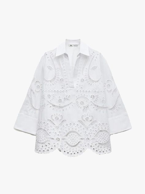 11 Affordable Outfit Ideas to Up Your Summer Style Game Jeans Blazer, Eyelet Shirt, Crochet Skirts, Cutwork Embroidery, Striped Pyjamas, Scarf Top, Shirt Embroidery, Elegant Shirt, Zara Woman