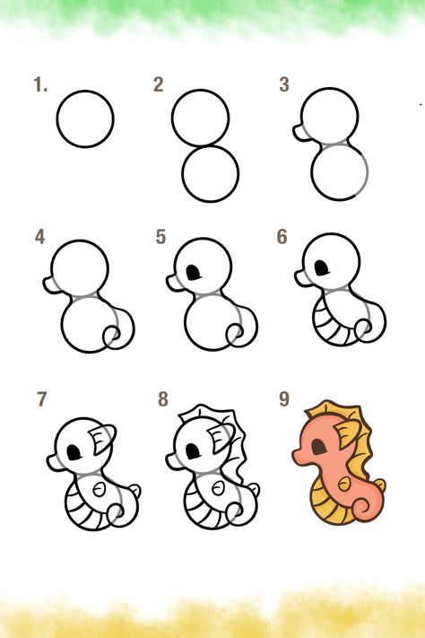 Easy Things To Draw Step By Step Doodles, Cute Sea Animals Drawing Easy, Turtle Doodle Art, Seahorse Drawing Simple, Cute Seahorse Drawing, What To Draw Ideas, Cute Seahorse Drawing Easy, How To Draw Kawaii, How To Draw For Kids Step By Step