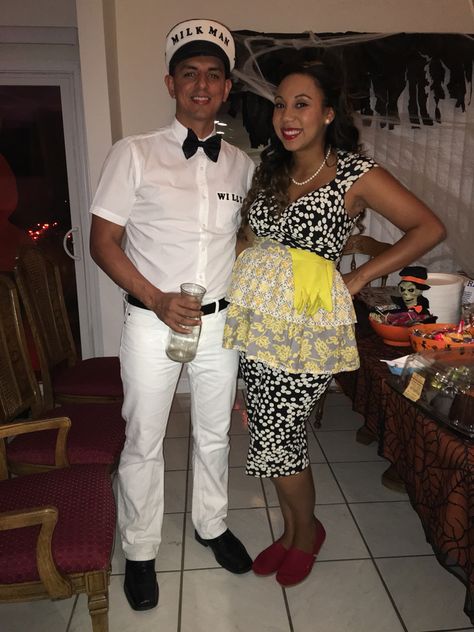 Milk Man Costume, Milk Man And House Wife Costume, Milkman Costume, Husband And Wife Halloween Costumes Pregant, Pregnant Cow Costume, Interracial Family Halloween Costumes, Maternity Halloween Costume, Maternity Costumes, Maternity Halloween Costumes